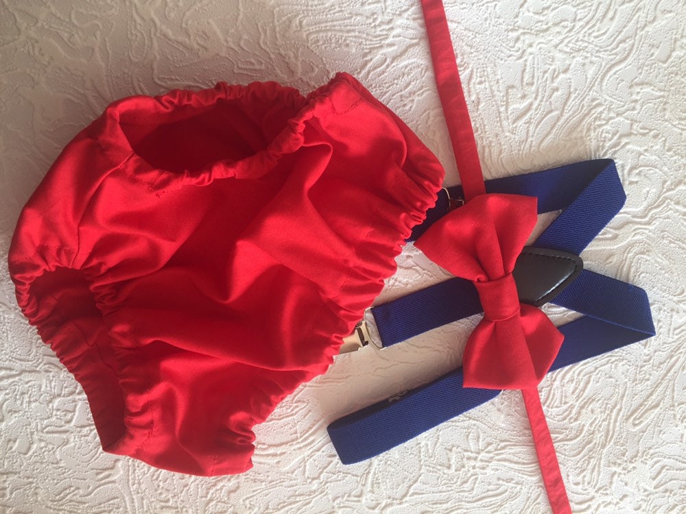 Boy cake smash outfit, inspired birthday outfit, diaper, cover, bow tie, and suspenders red blue, first birthday outfit, red and blue outfit