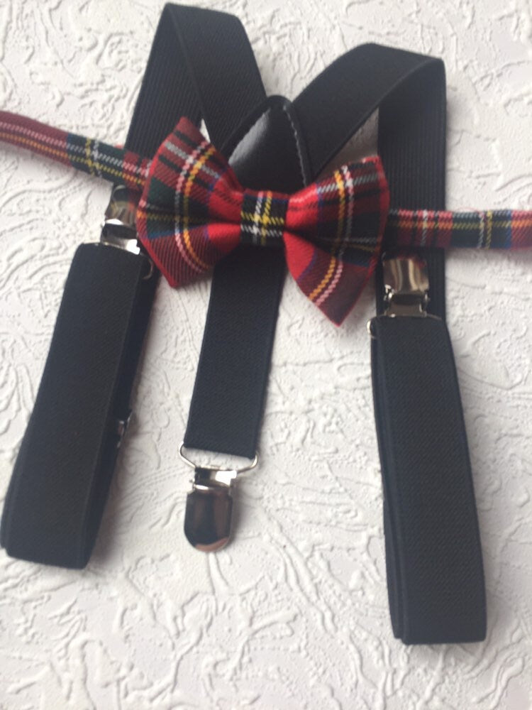 Royal Stewart Tartan Suspenders Bowtie, Red Plaid Bow Tie and Braces, black Braces and Bow Tie, Christmas Photo Prop Boy Suspenders Bow tie