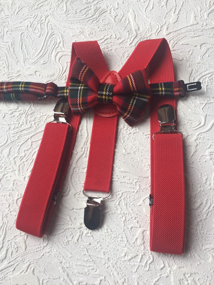 Royal Stewart Tartan Suspenders Bowtie, Red Plaid Bow Tie and Braces, red Braces and Bow Tie, Christmas Photo Prop Boy Suspenders Bowtie