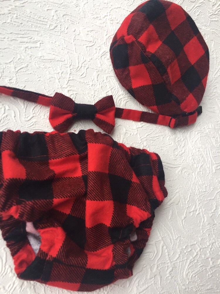 Cake Smash Outfit Boy Buffalo Plaid Set or Buy the Piece Diaper Cover Bow Tie Newboy hat Boys First 1st Birthday Lumberjack Photoshoot
