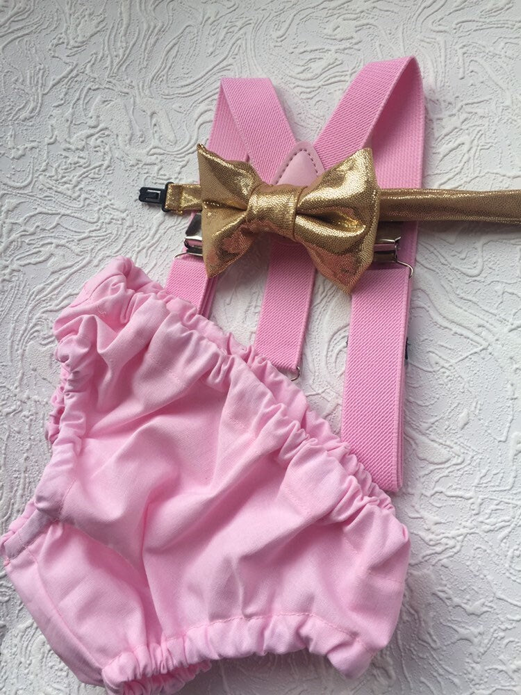1st Birthday boy cake smash Outfit Bow tie bloomers Suspenders valentine cake smash, boy outfit,bloomers,diaper cover, pink gold cake smash