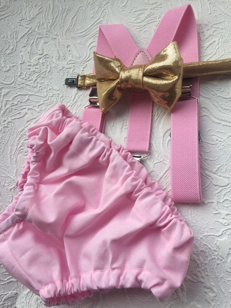 1st Birthday boy cake smash Outfit Bow tie bloomers Suspenders valentine cake smash, boy outfit,bloomers,diaper cover, pink gold cake smash