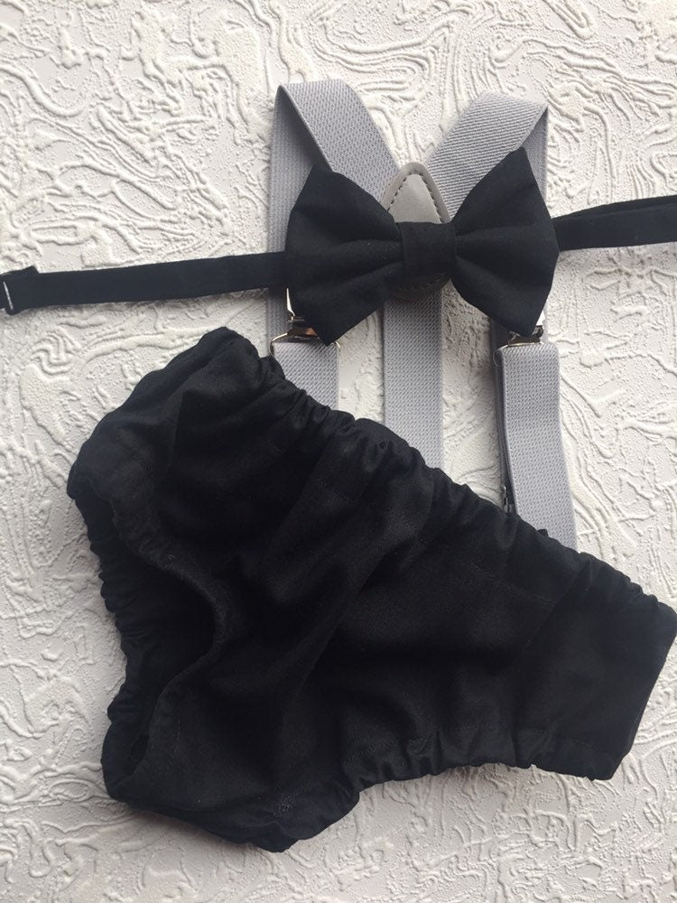 Cake Smash Boy Outfit, Birthday Boy, Black Diaper Cover, Bowtie, Suspender, First Birthday Boy, Boys 1st Birthday