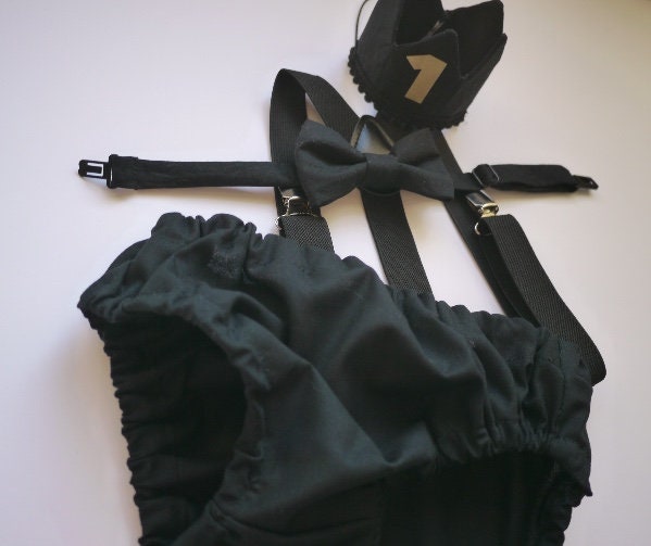 Cake Smash Boy First Birthday super soft black cotton Diaper Cover,black Suspenders,black bow tie, Birthday Photoshoot