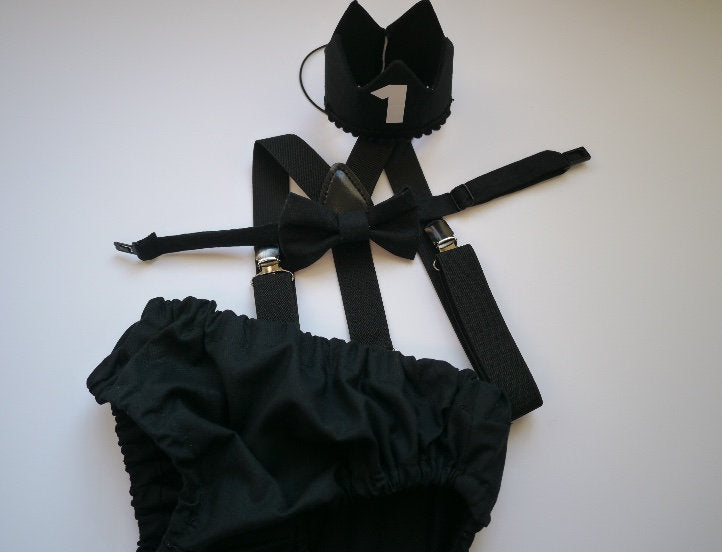 Cake Smash Boy First Birthday super soft black cotton Diaper Cover,black Suspenders,black bow tie, Birthday Photoshoot