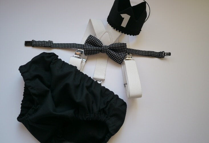 Cake Smash Boy Outfit,Black and White 1st Birthday Boy, Black Diaper Cover, Bowtie, Suspender, gold suspenders, First Birthday Boy, Boys 1st