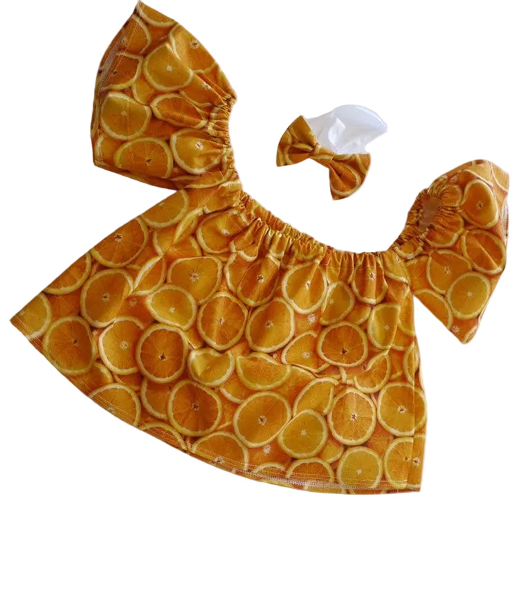 Sweet Orange Baby Outfit Set – Off Shoulder Top & Bow Headband | Summer Toddler Girl Outfit
