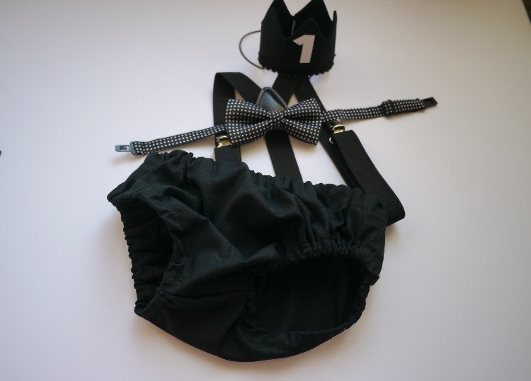 Cake Smash Boy First Birthday super soft black cotton Diaper Cover,black Suspenders,black bow tie, Birthday Photoshoot