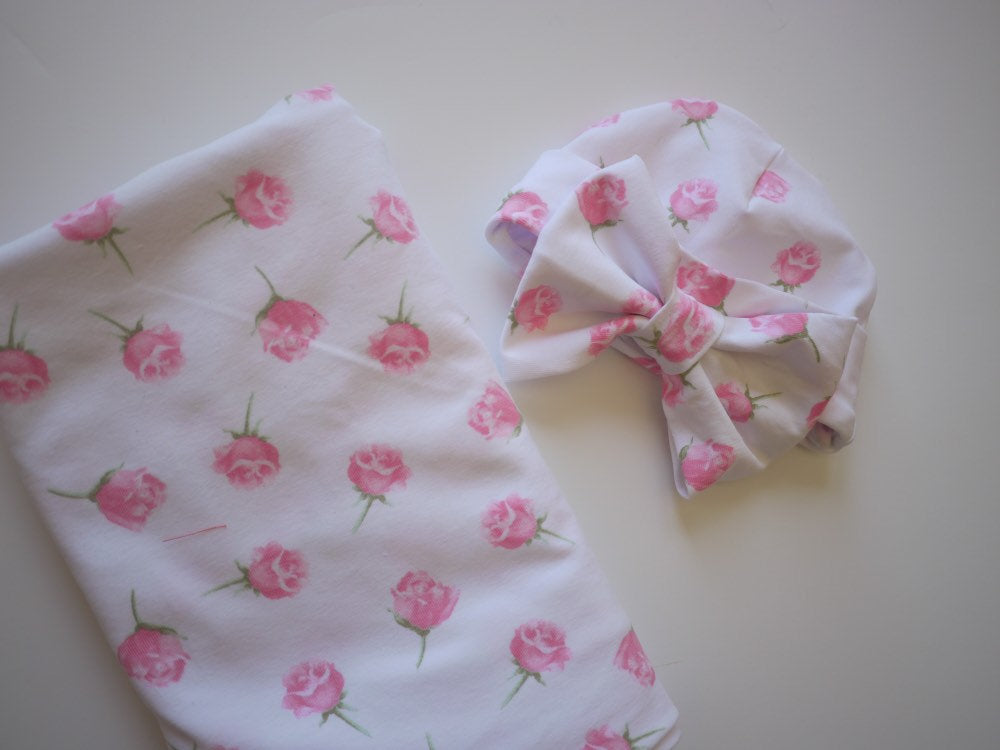 Floral Swaddle Set, Neutral Swaddle Set, Swaddle Blanket and Hat Newborn, Newborn Girl Mauve Rose Swaddle Set, Baby Shower Gift, Photo Prop