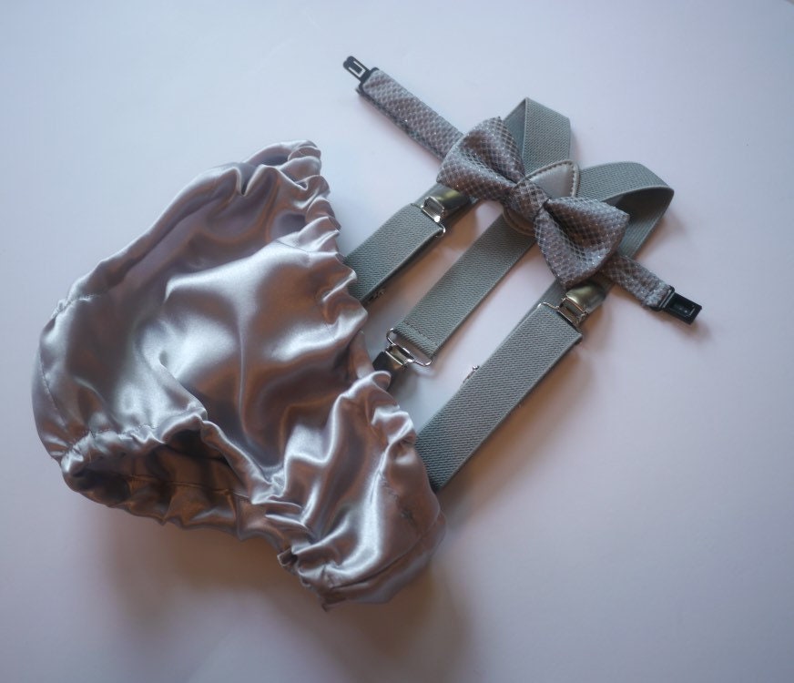 Cake Smash Outfit Gray Silver — Boys First Birthday Outfit Gray Silver — Baby Grey Bow Tie & Baby Grey Diaper Cover with Gray Suspenders