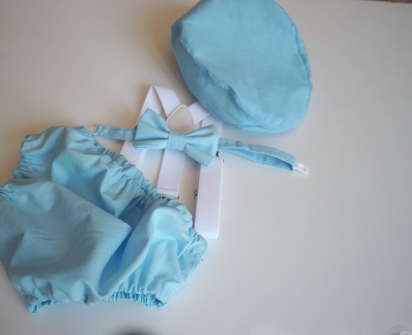 Blue Cake Smash Boy First Birthday super soft cotton blue Diaper Cover, white Suspenders, bow tie light blue colour