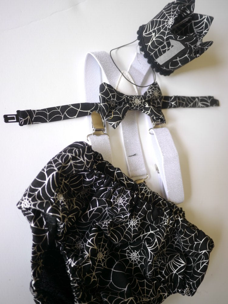 1st Birthday boy cake smash Outfit Bow tie bloomers Suspenders halloween cake smash, boy outfit,bloomers,diaper cover, spiderweb cake smash