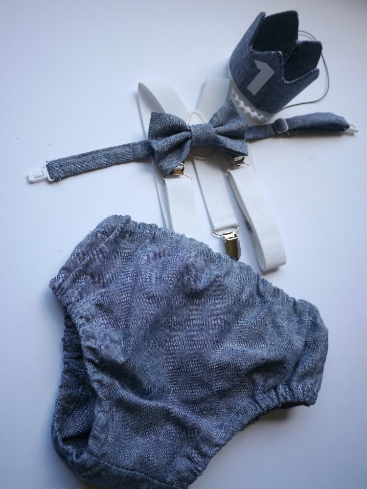 Light denim sitter set - baby boy photo prop - baby clothes - vintage style - birthday crown - cake smash outfit