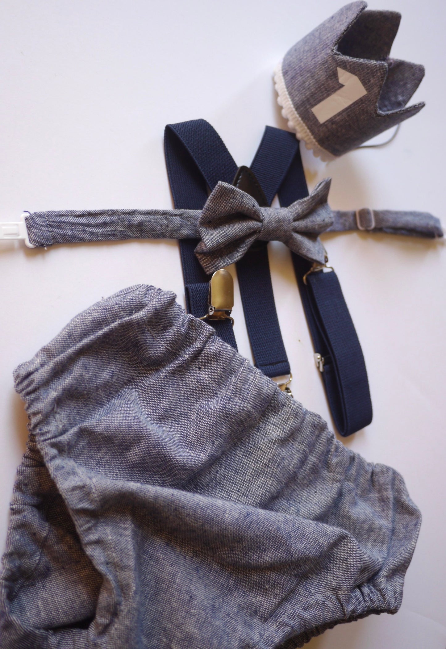 Cake Smash Boy First Birthday super soft denim cotton Diaper Cover,navy Suspenders, denim bow tie, Birthday Photoshoot