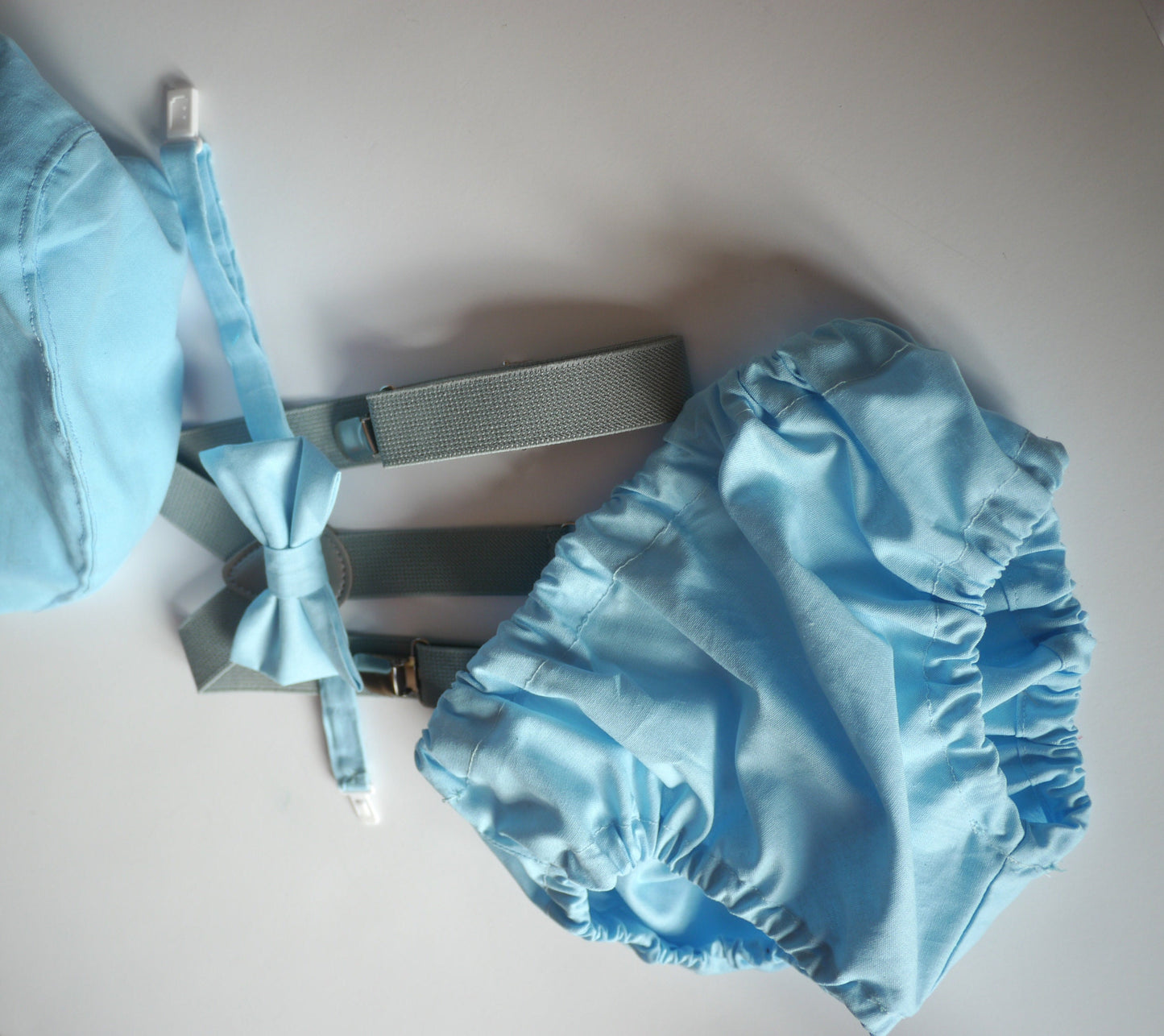 Gray Cake Smash Boy First Birthday super soft cotton dark gray Diaper Cover, light gray Suspenders, bow tie light gray color.