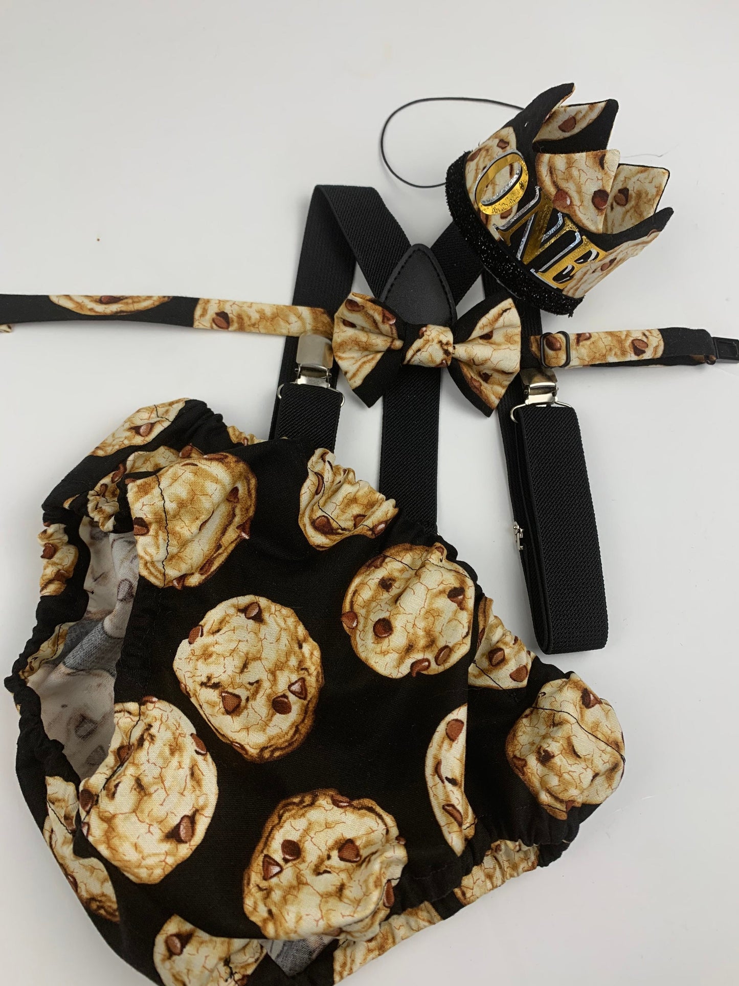 Cookie theme cake smash , cookie Outfit Boy First Birthday super soft diaper cover and bow tie brown and beige, And black suspenders