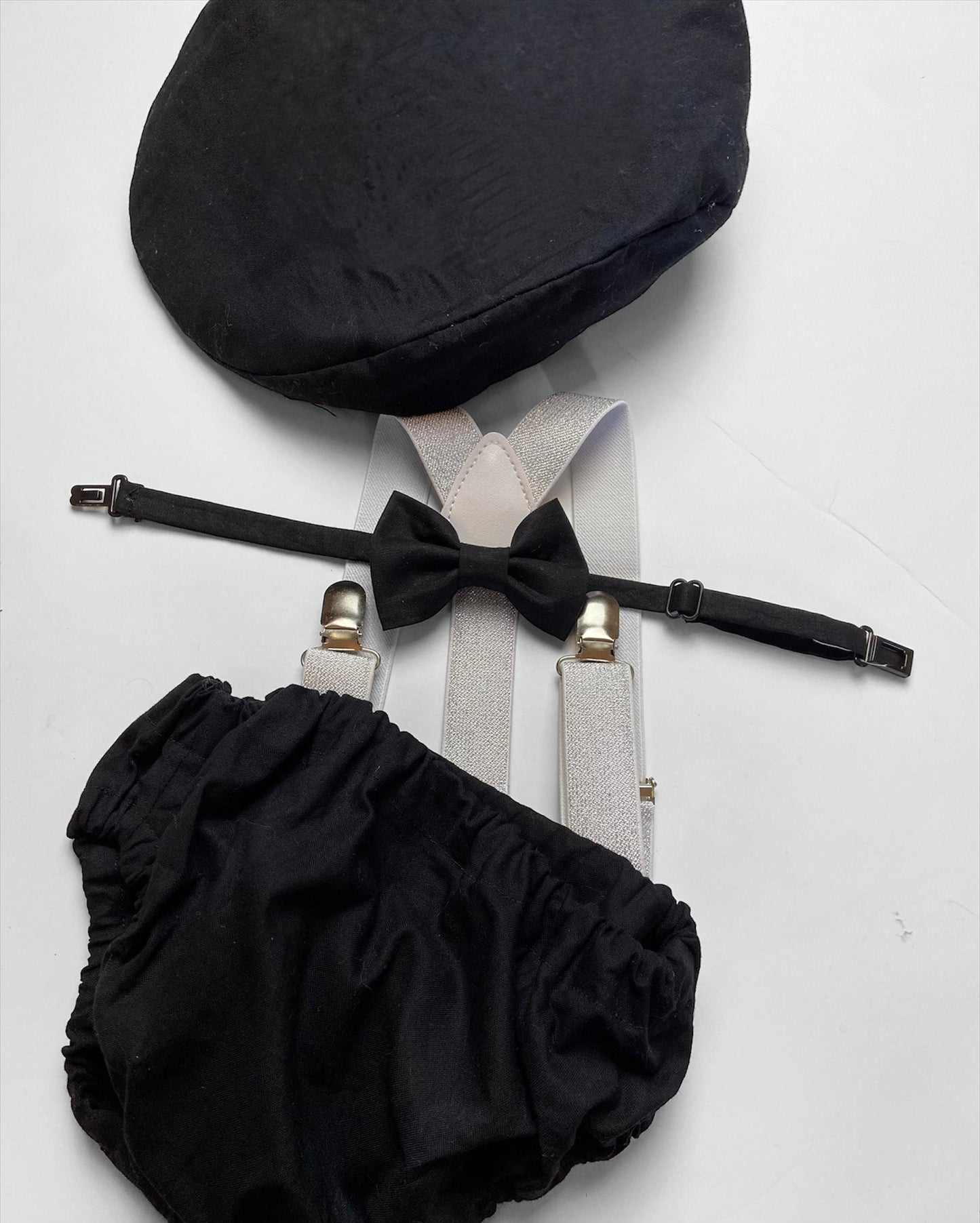 Cake Smash Boy First Birthday super soft black cotton Diaper Cover,silver Suspenders,black bow tie, Birthday Photoshoot