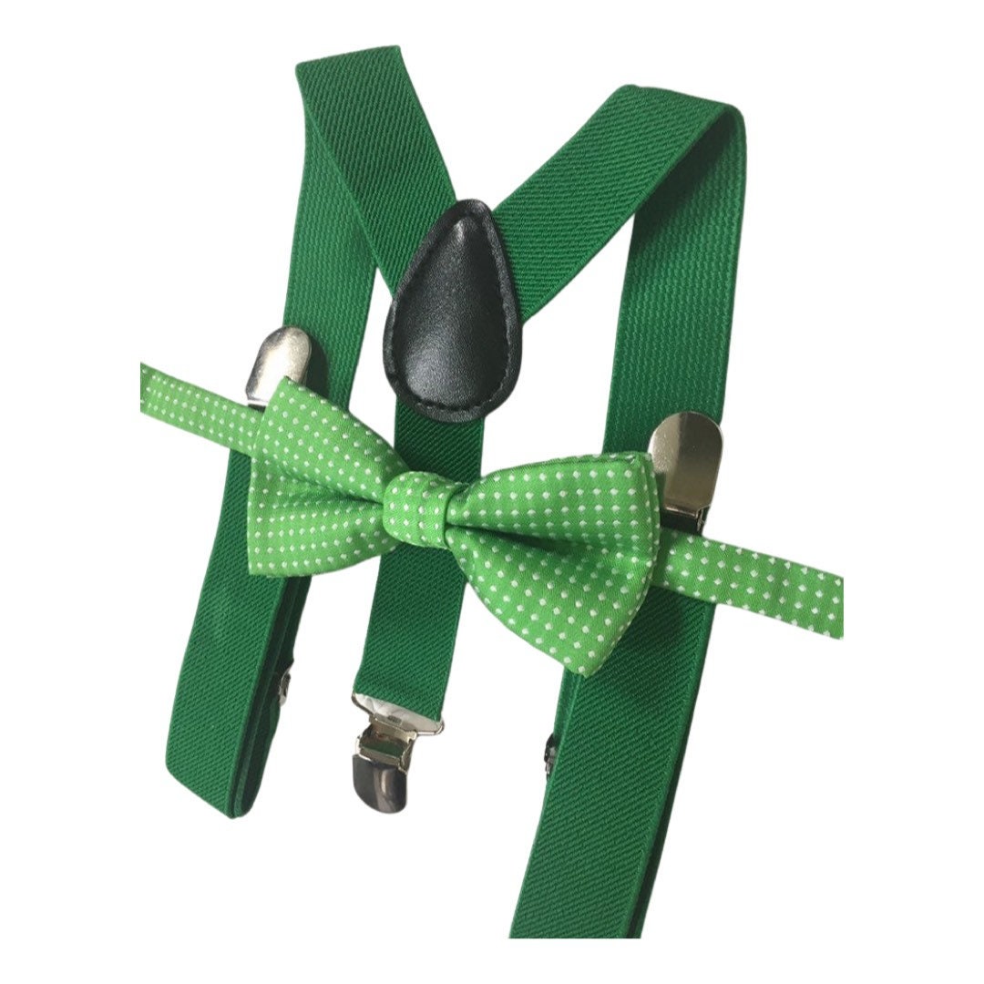 Forest green bow tie suspenders, green suspenders boys, polka dot green bow tie toddler, green bow tie baby, green braces bow tie