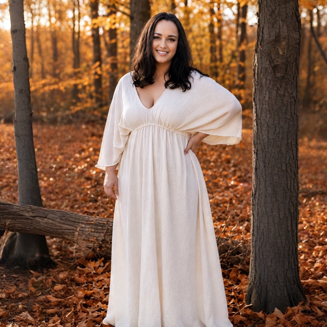 Empire Waist Dress | v neck goddess Dress in Ivory | crinkle knit | Ankle length flowing dress | boho summer fall dress