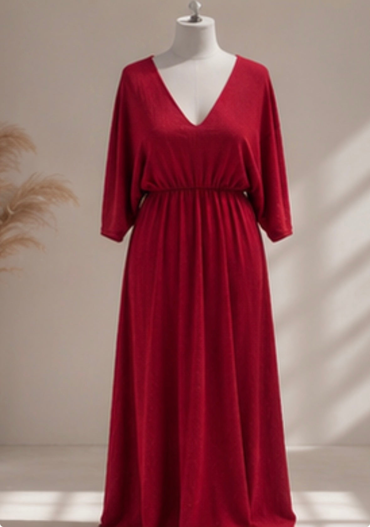 Empire Waist Dress | v neck goddess Dress in Red | crinkle knit | Ankle length flowing dress | boho summer valentine dress