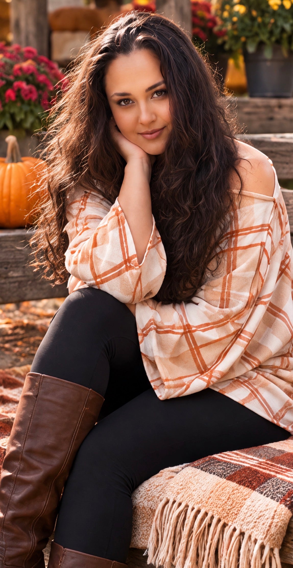 Women’s Plaid Off Shoulder Batwing Top | Oversized Fall Poncho Blouse– Cream & Rust