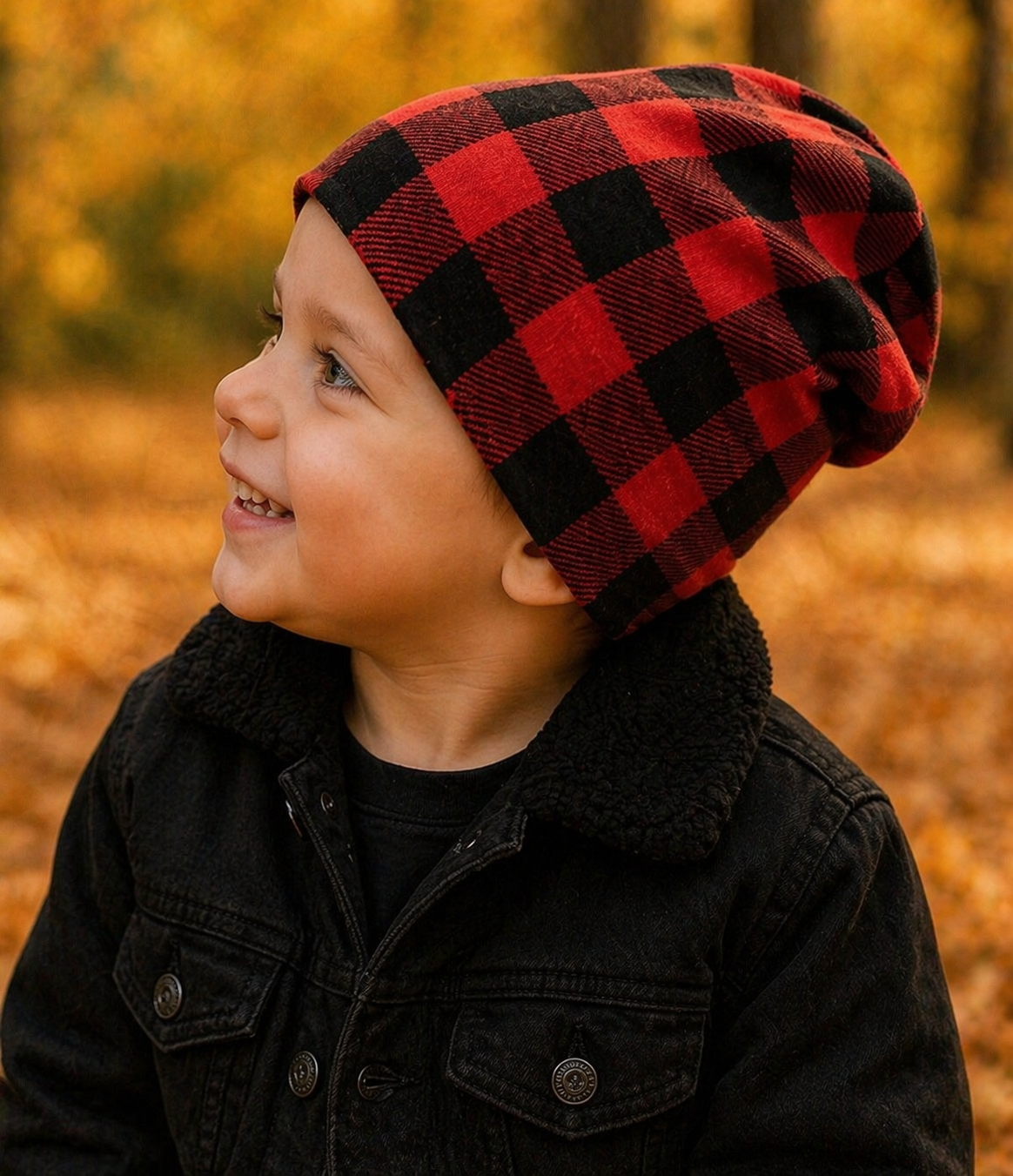 Reversible Red Buffalo Plaid Beanie | Black Slouchy Hat | Unisex Baby Toddler Kids & Adults