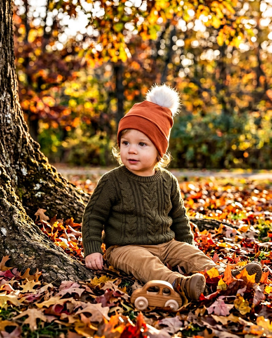 Orange Baby Pom Pom Hat – Soft Slouchy Beanie with White Fur Pom, Newborn Toddler Winter Hat