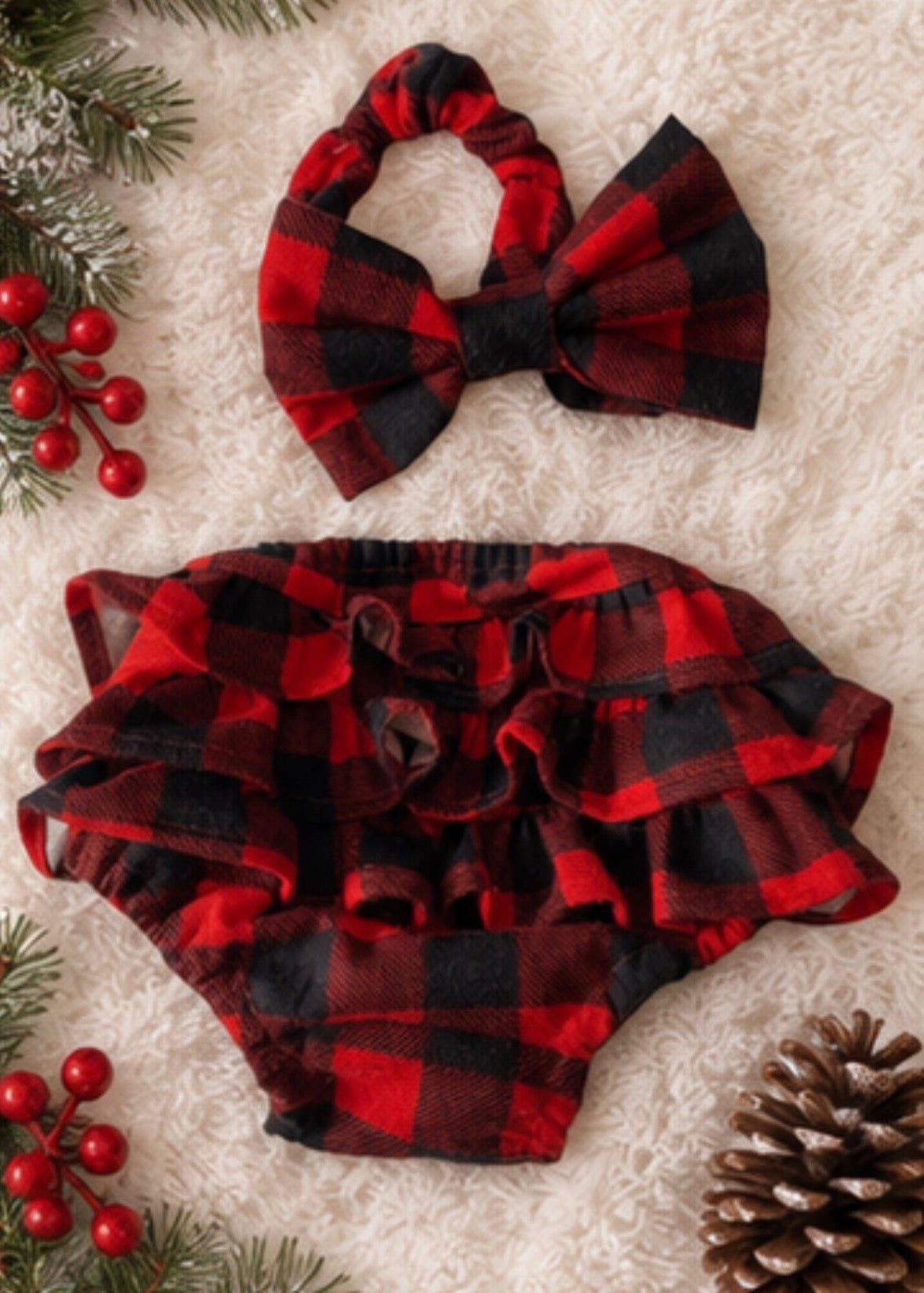 Baby Girl Buffalo Plaid Ruffle Bloomer & Bow Headband Set – Red & Black