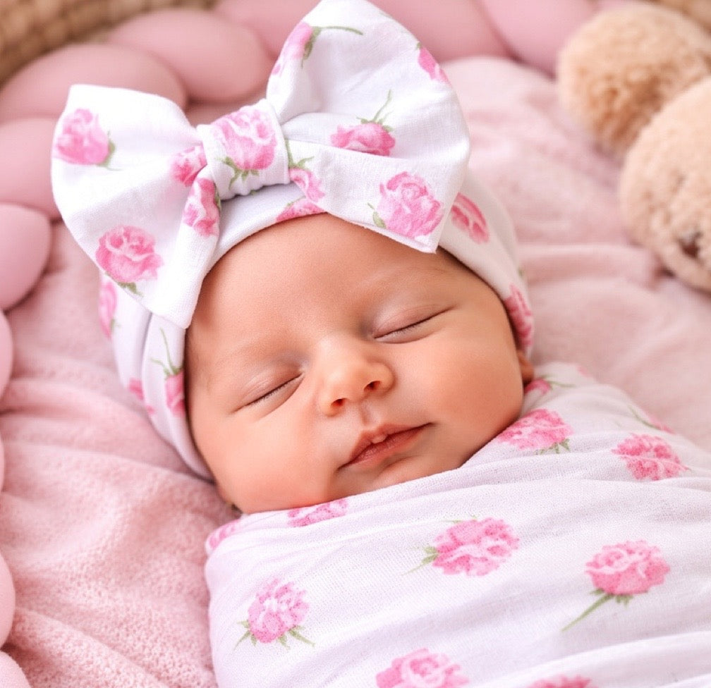 Baby girl pink roses newborn hospital bow hat