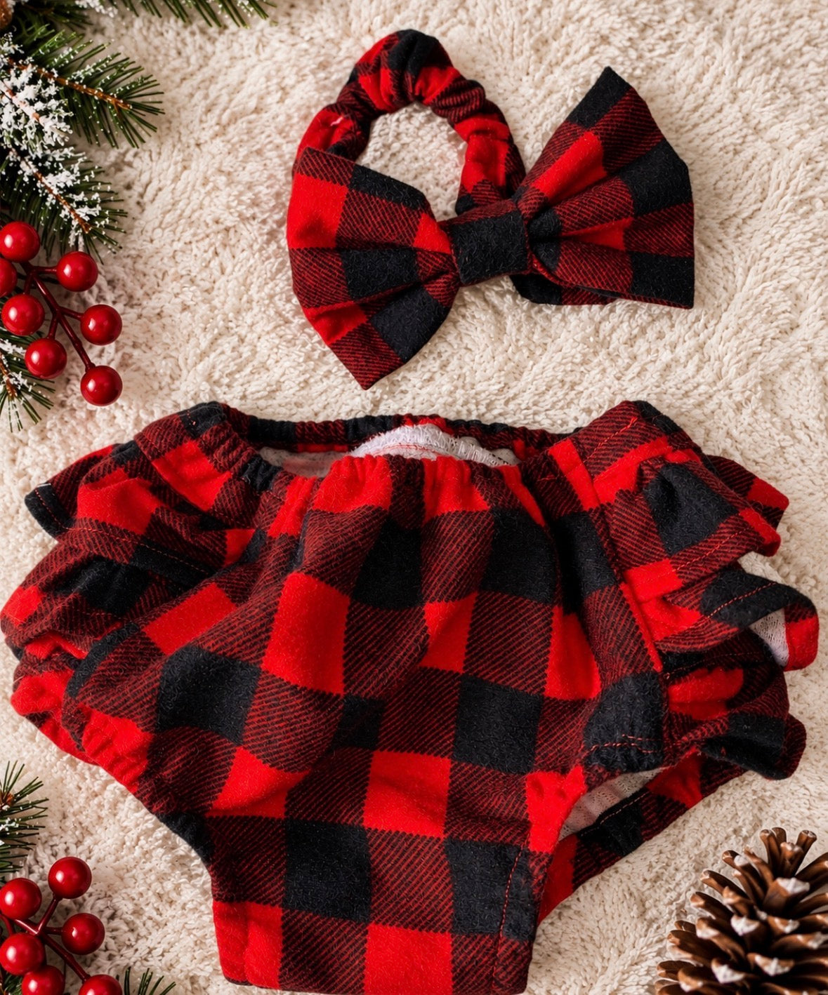 Baby Girl Buffalo Plaid Ruffle Bloomer & Bow Headband Set – Red & Black