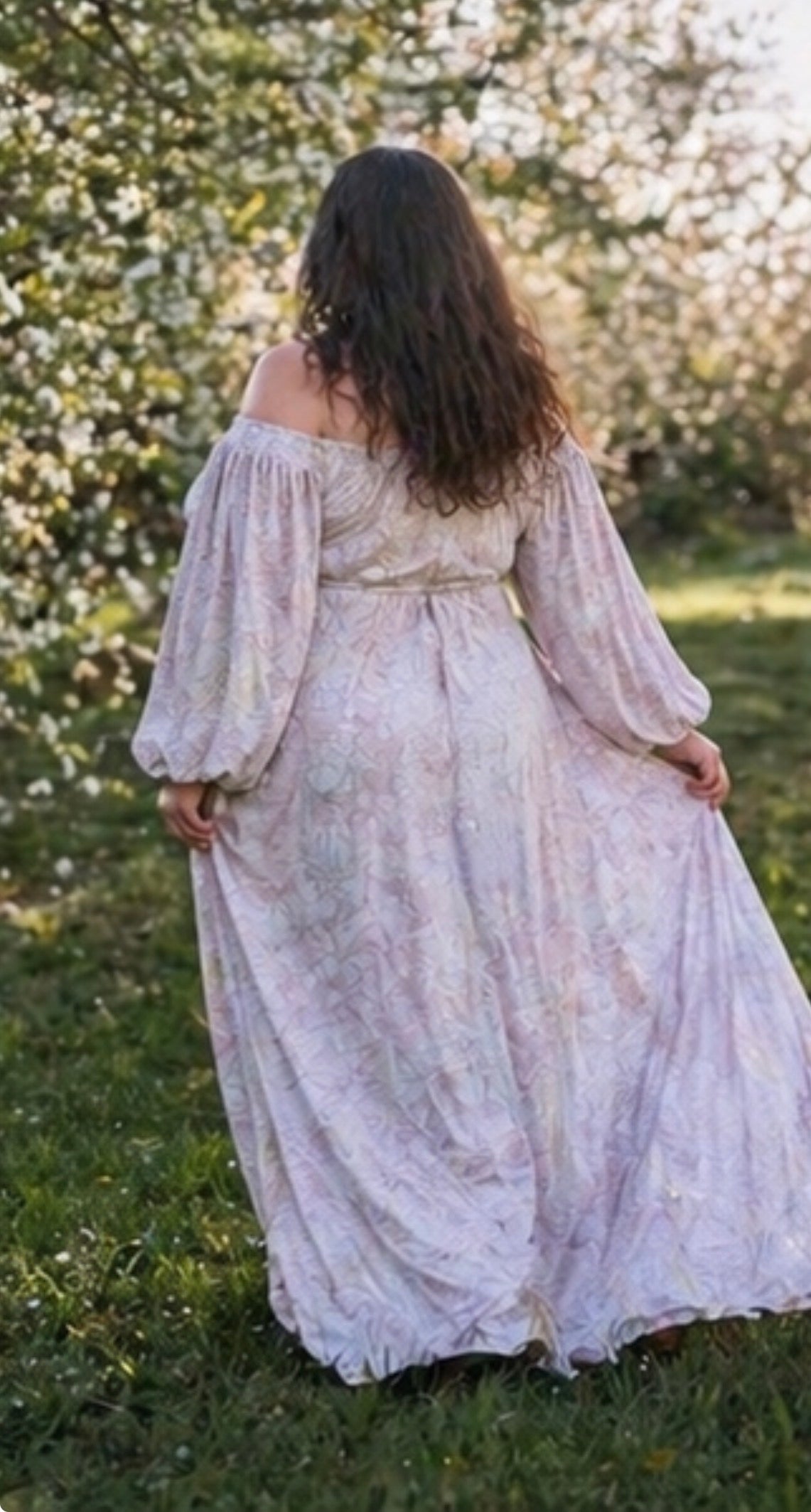 Off-Shoulder Romantic Maxi Dress – Handmade Flowing Sleeve Gown