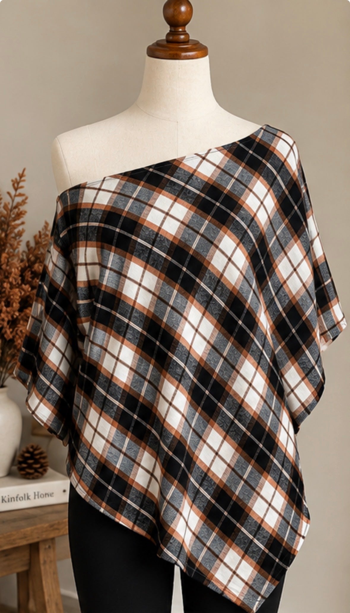 Women’s Plaid Off Shoulder Batwing Top | Oversized Fall Poncho Blouse