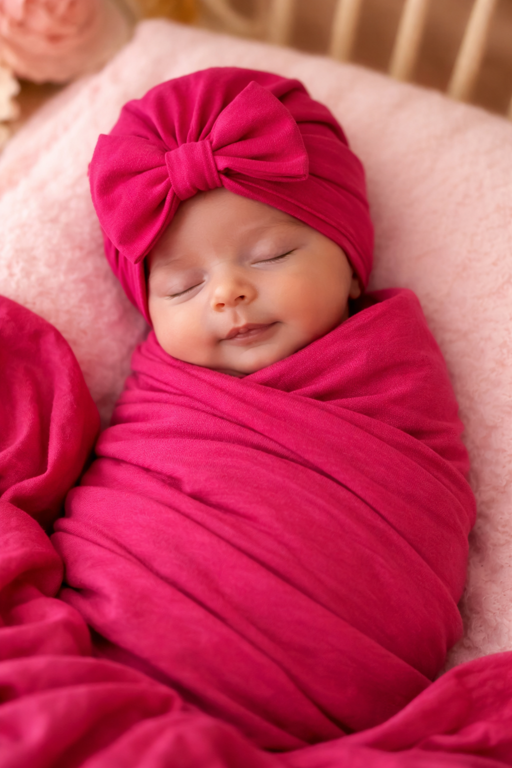 Fuschia Baby swaddle blanket headband with turban bow hat