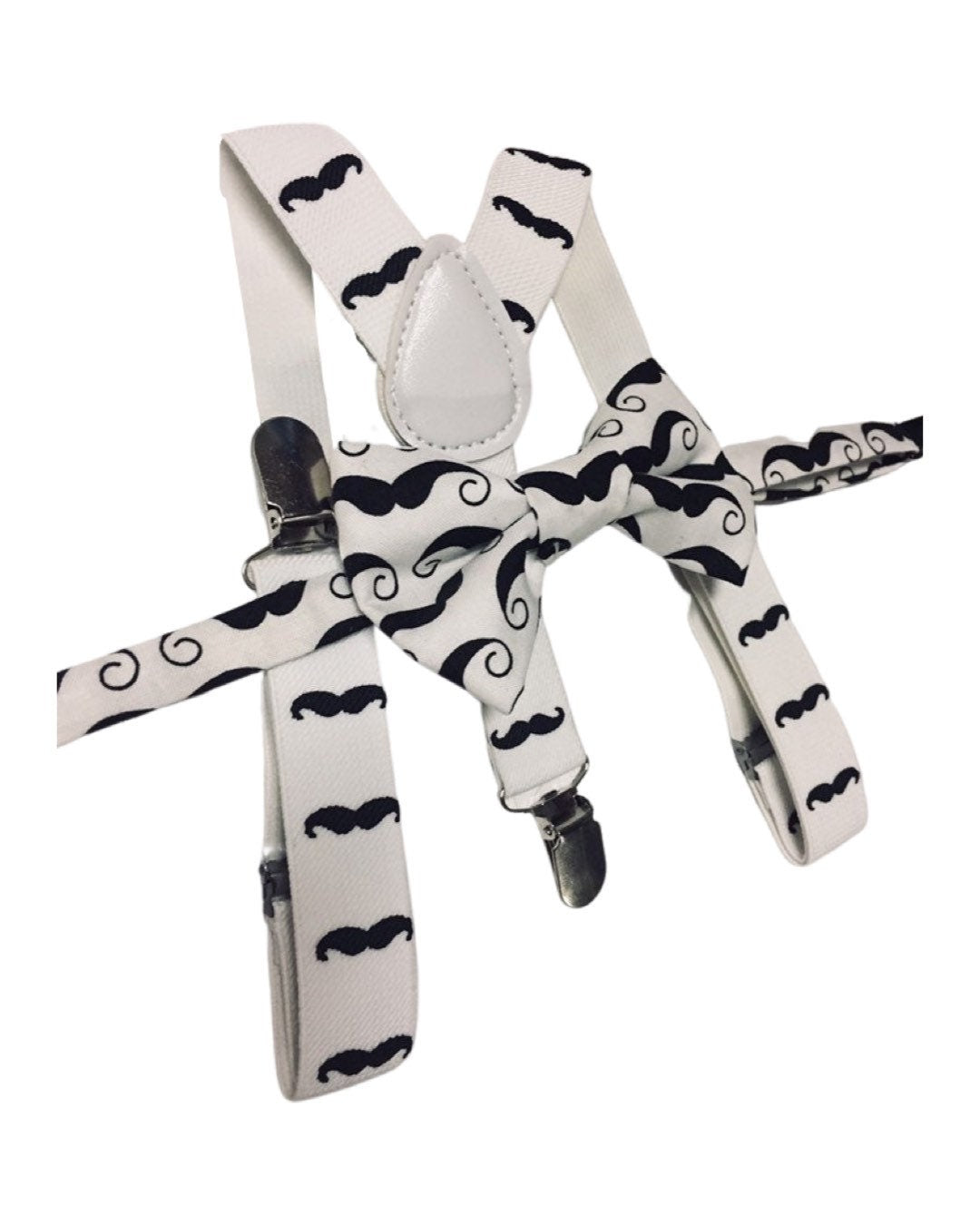 Boys Mustache Bow tie and Suspenders, Baby Moustache Bow tie, Moustache Party, white suspenders, Boys Photo prop, boys birthday outfit