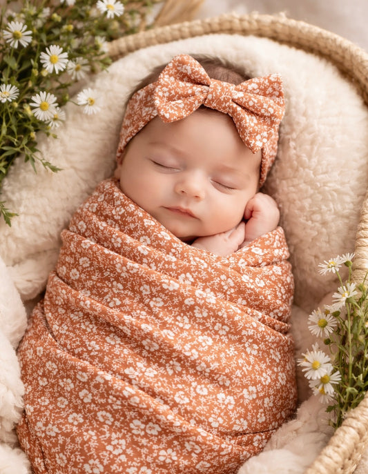Mocha Flower Swaddle Set - Floral Girls Swaddle & Hat (Bow or Newborn beanie)