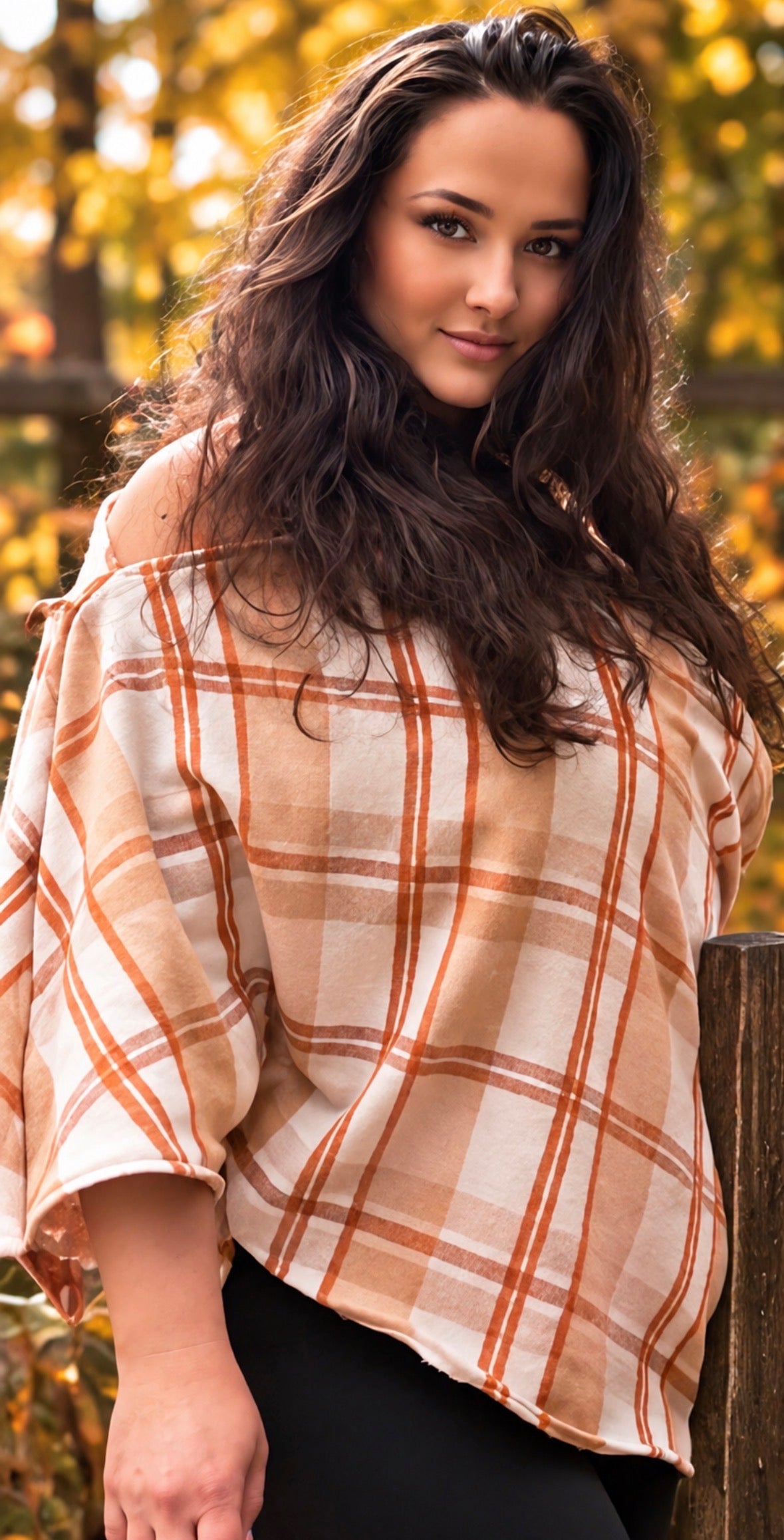 Women’s Plaid Off Shoulder Batwing Top | Oversized Fall Poncho Blouse– Cream & Rust