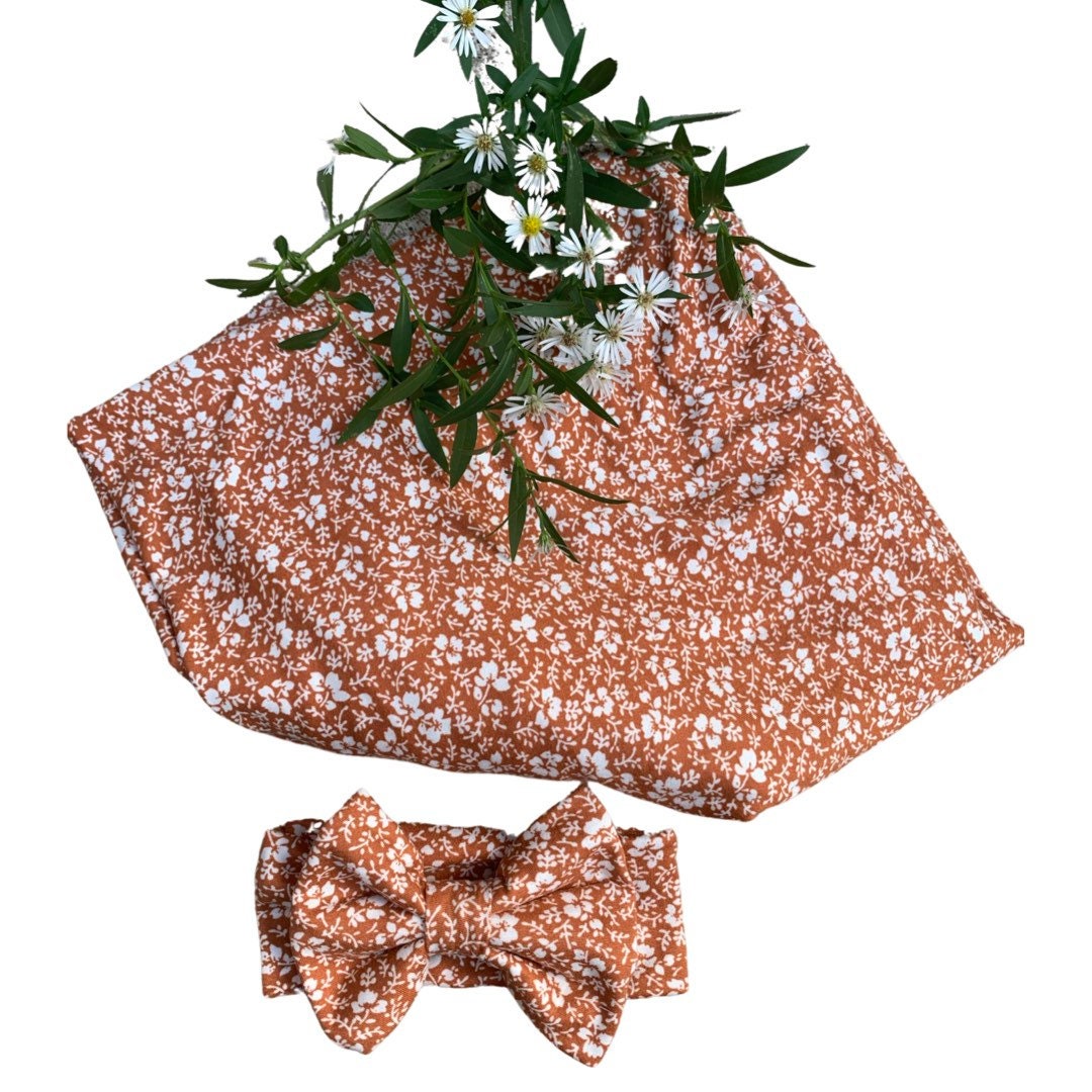 Mocha Flower Swaddle Set - Floral Girls Swaddle & Hat (Bow or Newborn beanie)