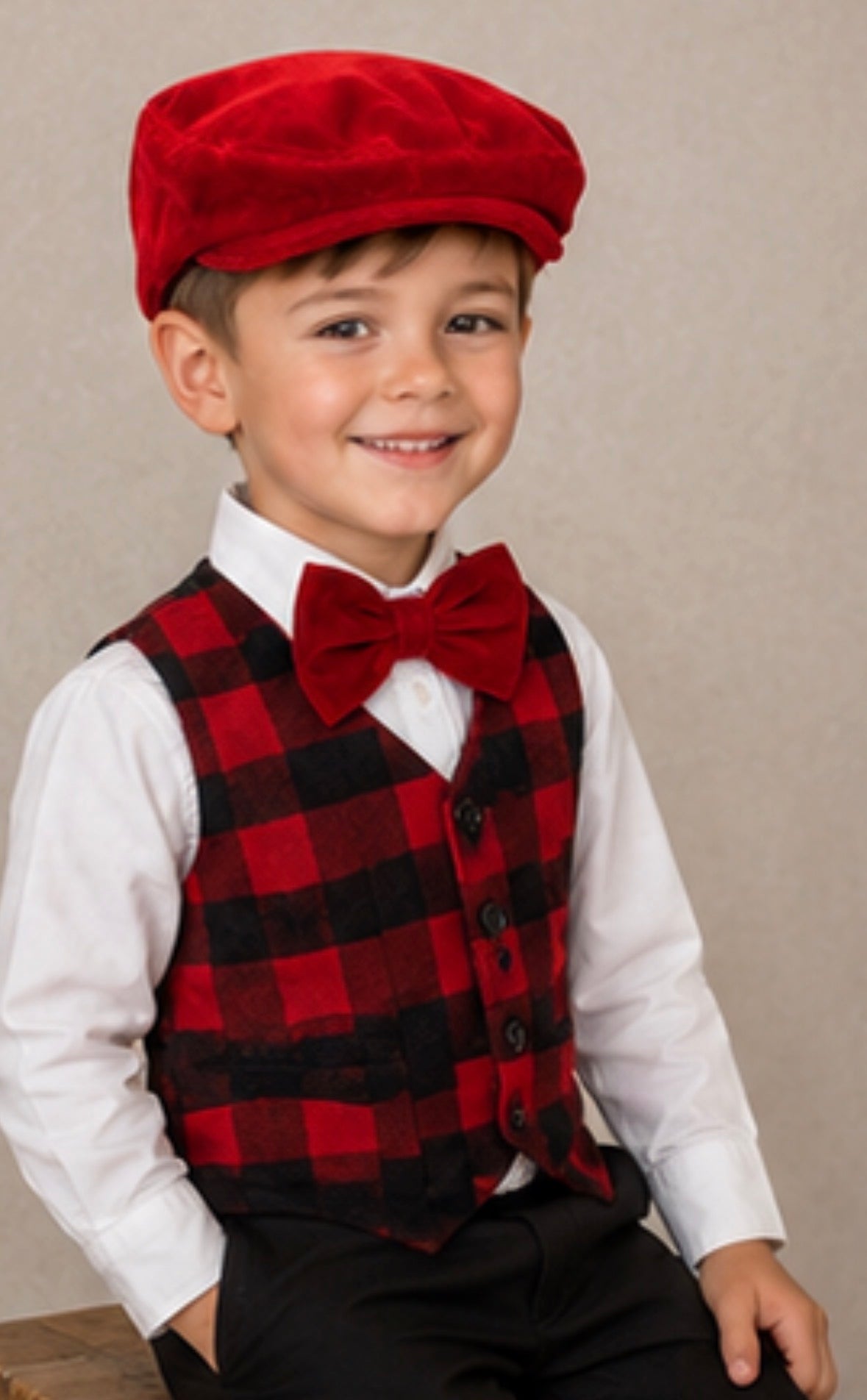 Red Christmas Velvet Flat Cap and bow tie set