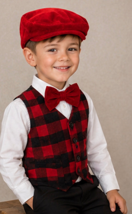 Red Christmas Velvet Flat Cap and bow tie set