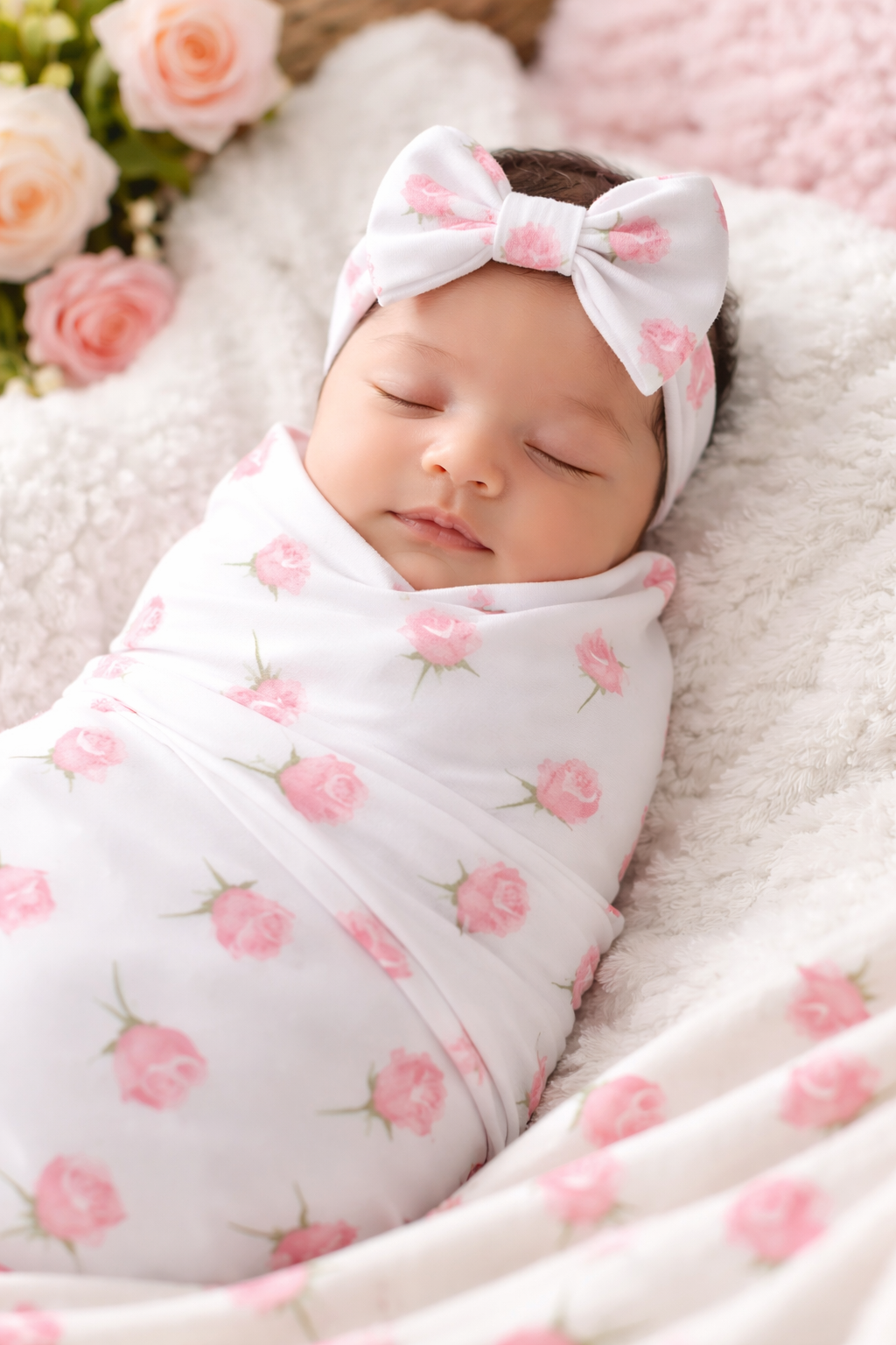 Rose Baby Swaddle Blanket with bow headband