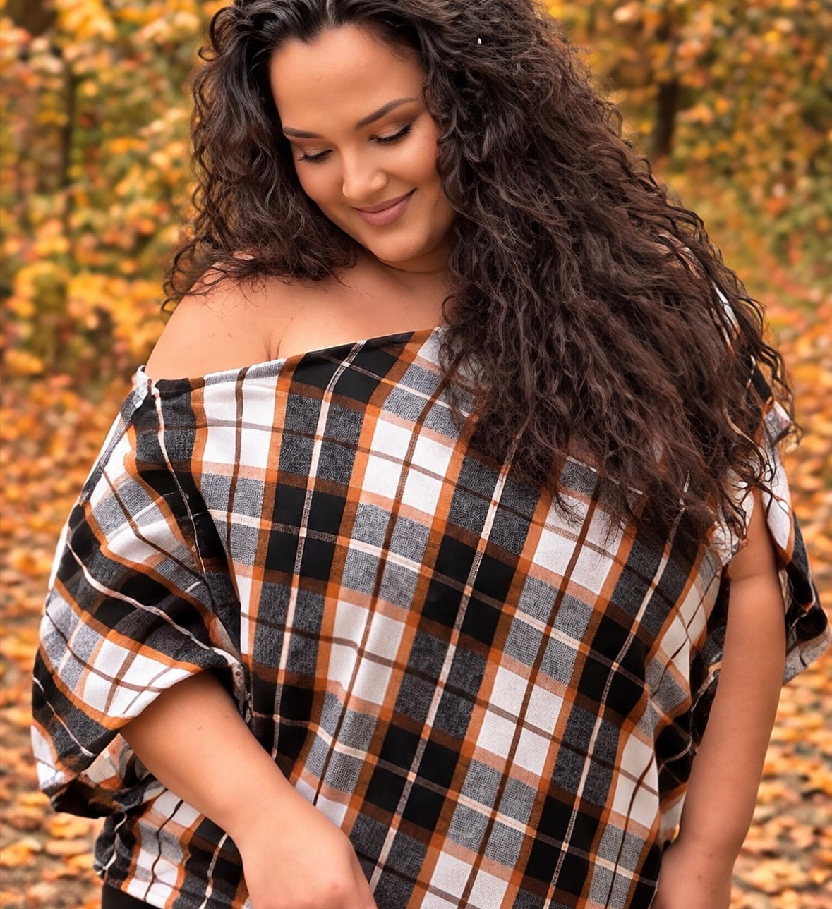 Women’s Plaid Off Shoulder Batwing Top | Oversized Fall Poncho Blouse