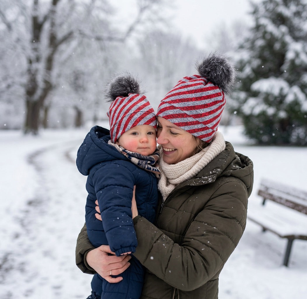 Mommy and Me Matching Hats Set – Red Stripe Pom Pom Beanie – Winter Hat