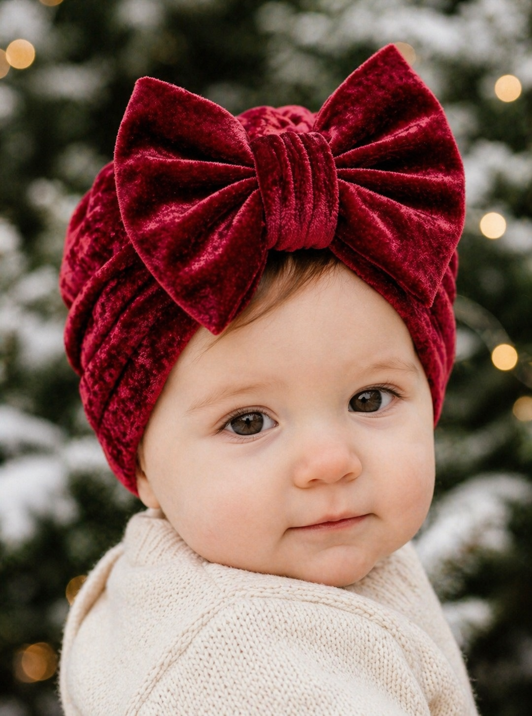 Velvet Baby Turban Hat with Big Bow | Christmas Headwrap for Newborn, Infant & Toddler Girls