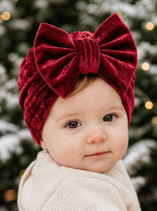 Velvet Baby Turban Hat with Big Bow | Christmas Headwrap for Newborn, Infant & Toddler Girls