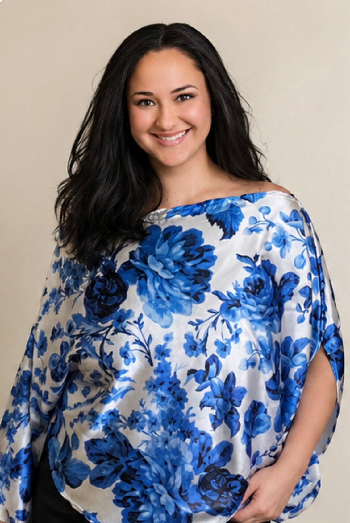 Beautiful Summery Floral Off Shoulder Top Blue Sateen