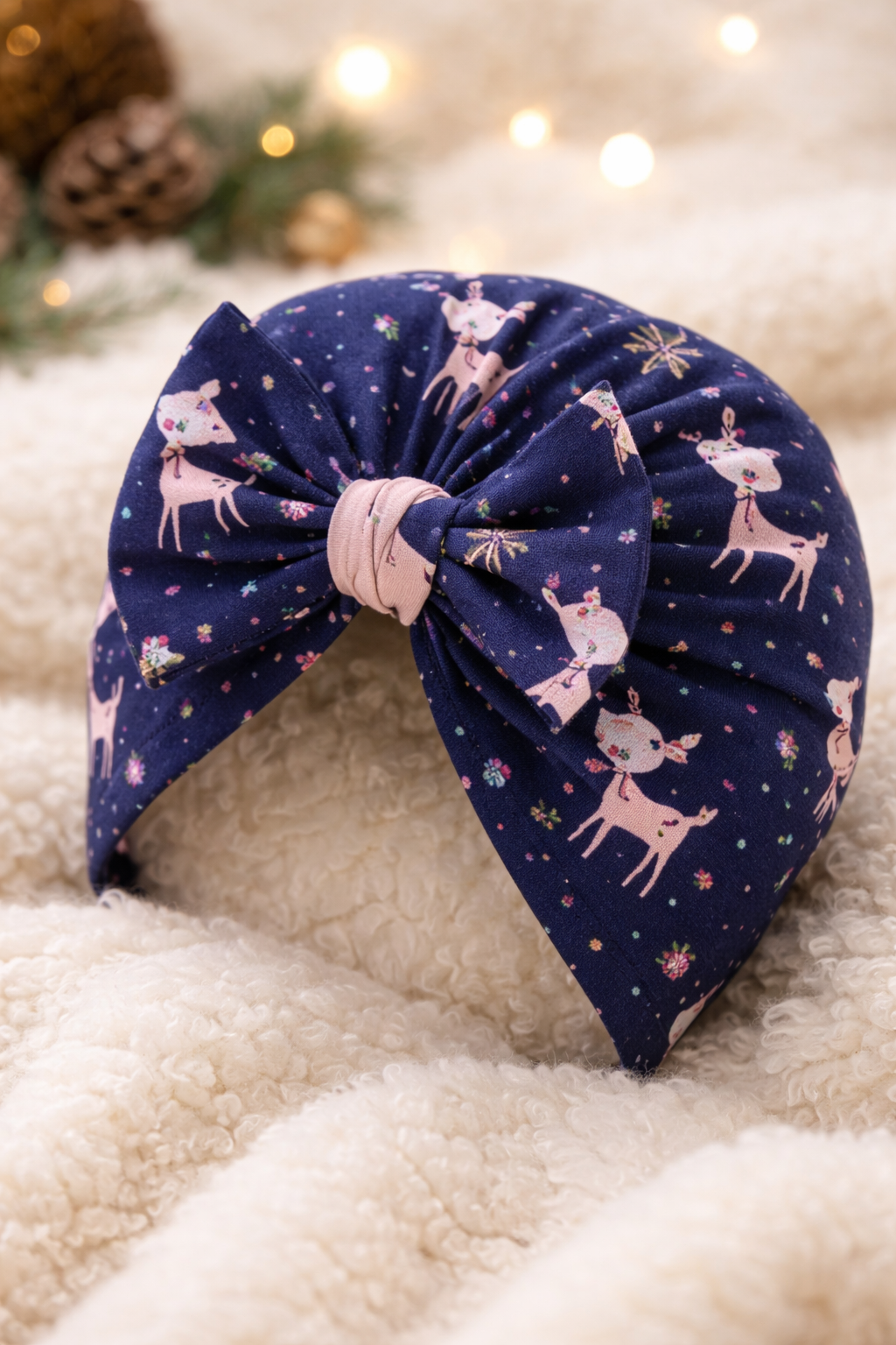 Navy Reindeer Baby Turban Hat | Christmas Headwrap | Infant & Toddler Girl