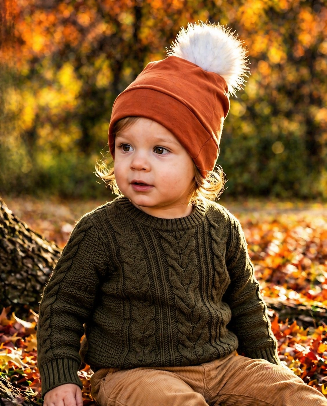 Orange Baby Pom Pom Hat – Soft Slouchy Beanie with White Fur Pom, Newborn Toddler Winter Hat
