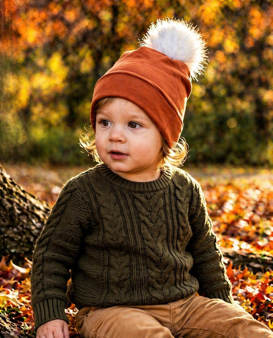 Orange Baby Pom Pom Hat – Soft Slouchy Beanie with White Fur Pom, Newborn Toddler Winter Hat