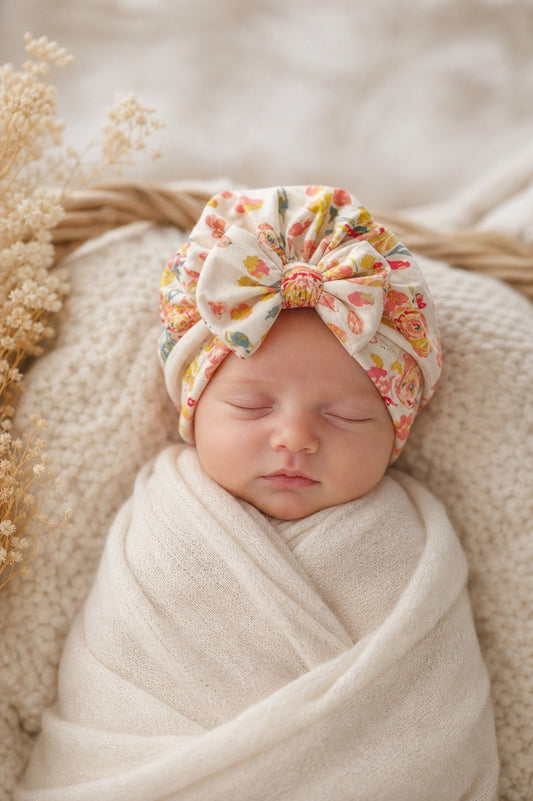 Floral Turban Hat with Bow |Hospital Hat | child and adult turban |Handmade Headwrap
