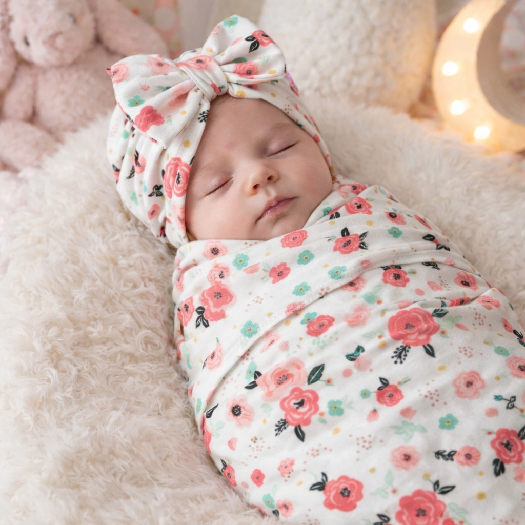 Swaddle Set in blush Floral with Bow Turban hat